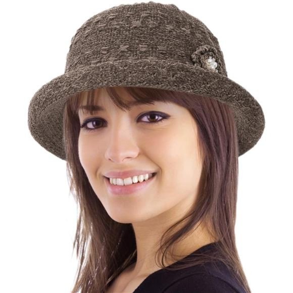 Women Winter Knit 1920s Vintage Bucket Bowler Hat Round Brim Hat, Light Khaki